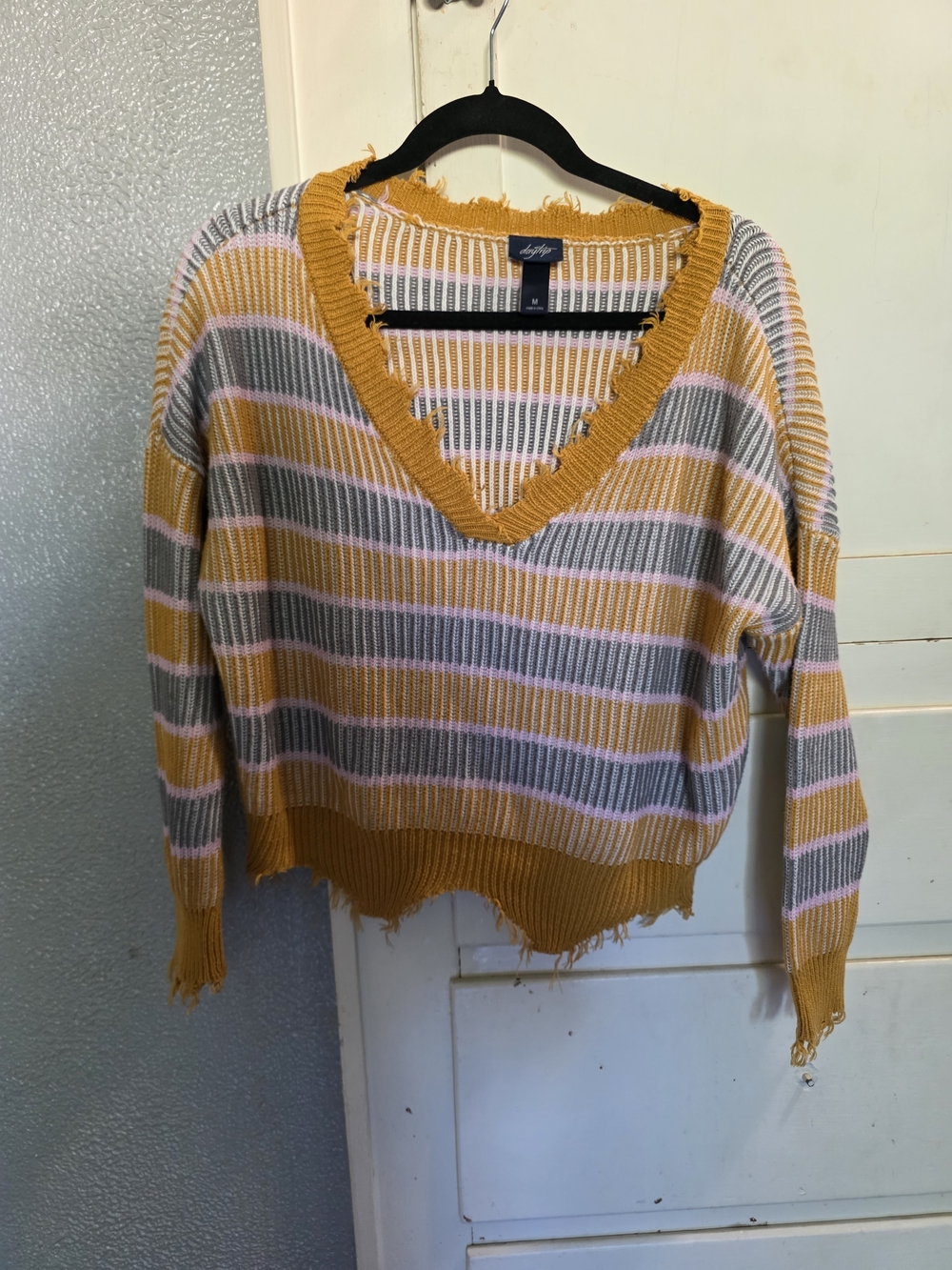 Daytrip Striped V-Neck Sweater in Mustard, Gray & Pink